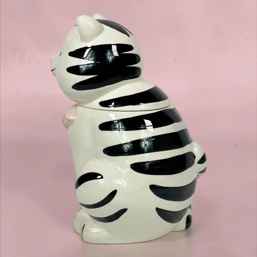 Vintage R. H. Macy & Co Black White Striped Cat Cookie Jar Pink Bow Ceramic